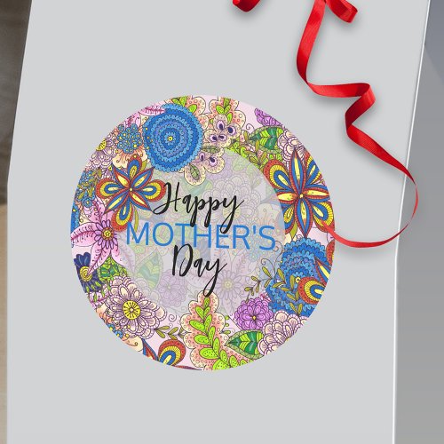 Cute Colorful Doodle Flowers Mothers Day Classic Round Sticker