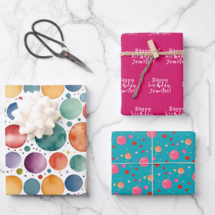 Cute Colorful Dots Turquoise Watercolor Birthday Wrapping Paper Sheets