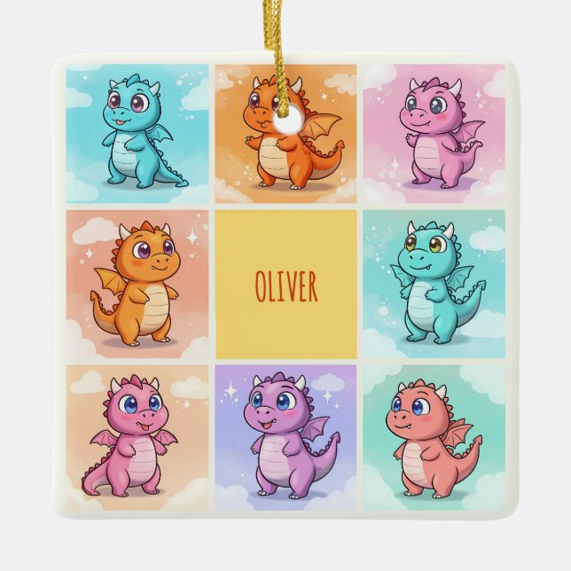 Cute Colorful Dragon Doodles Ceramic Ornament (Front)