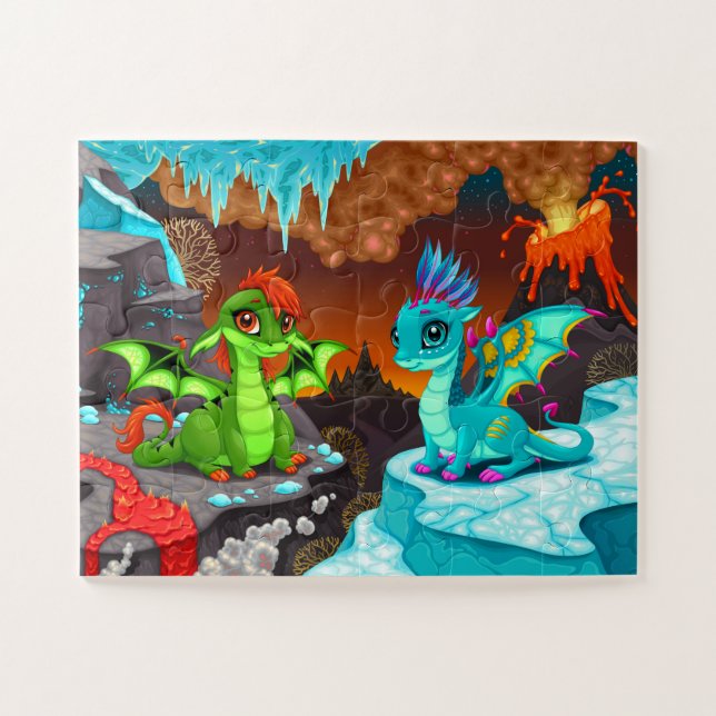 Cute Colorful Dragons Volcano Valley Jigsaw Puzzle (Horizontal)