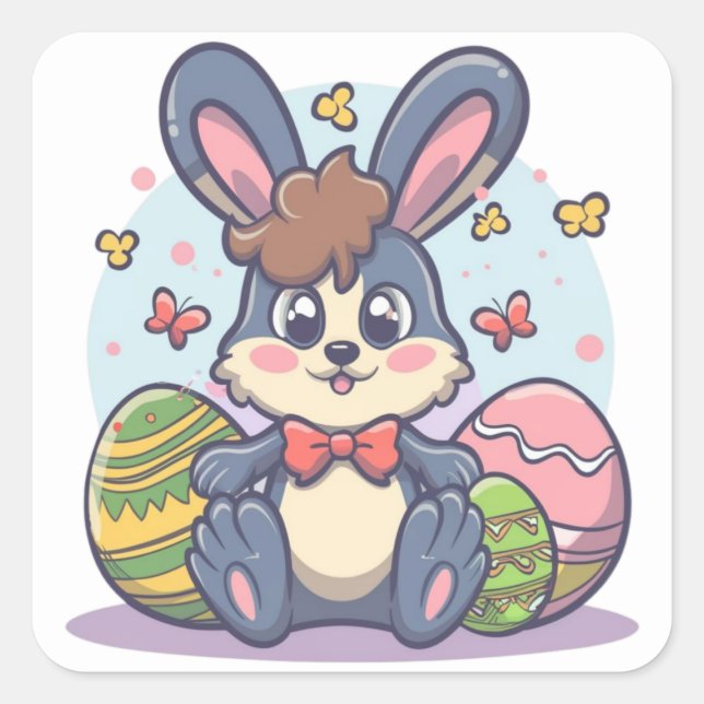 Cute Colorful Easter Bunny Eggs Square Stickers (Front)