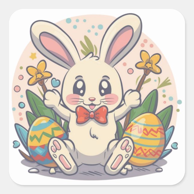 Cute Colorful Easter Bunny Square Stickers (Front)