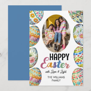 Cute Colorful Easter Eggs Photo Greetings Blue Holiday Card