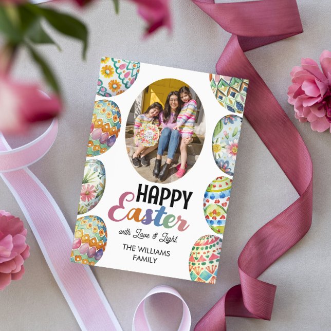 Cute Colorful Easter Eggs Photo Greetings Pink Holiday Card (Creator Uploaded)