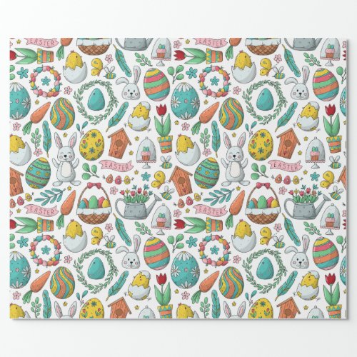 Cute Colorful Eggs Bunny Spring Pattern Easter Wrapping Paper