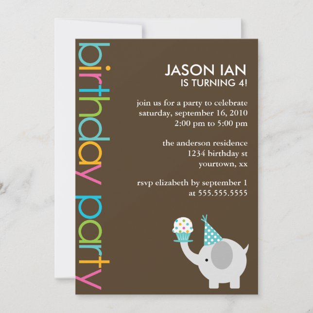 Cute Colorful Elephant Kids Birthday Party Invitation (Front)