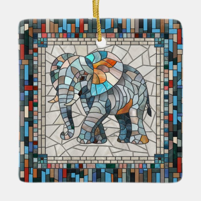 Cute Colorful Elephant mosaic art Ceramic Ornament (Front)