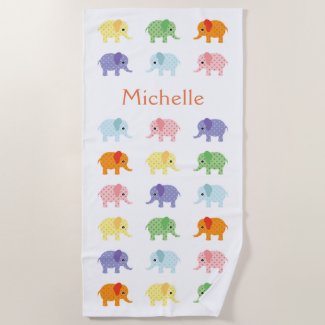 Cute Colorful Elephants Personalized Kids Beach Towel