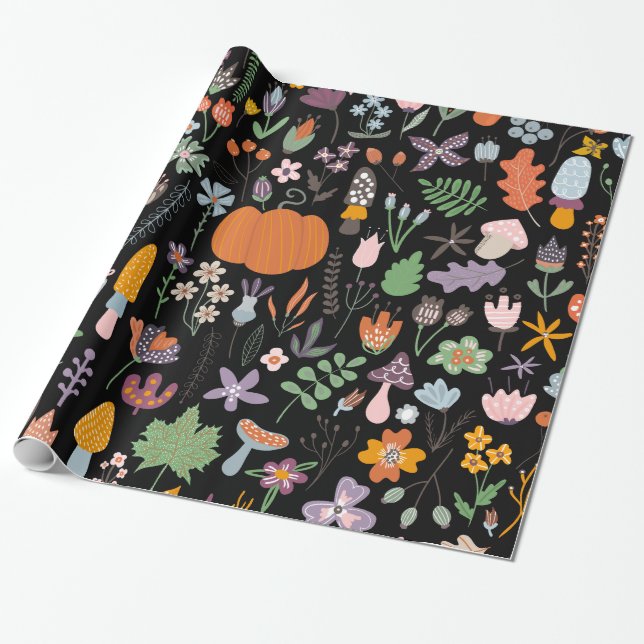 Cute colorful fall flowers & Leafs Thanksgiving De Wrapping Paper (Unrolled)