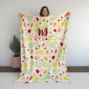 Cute colorful fall leaves custom name fleece blanket