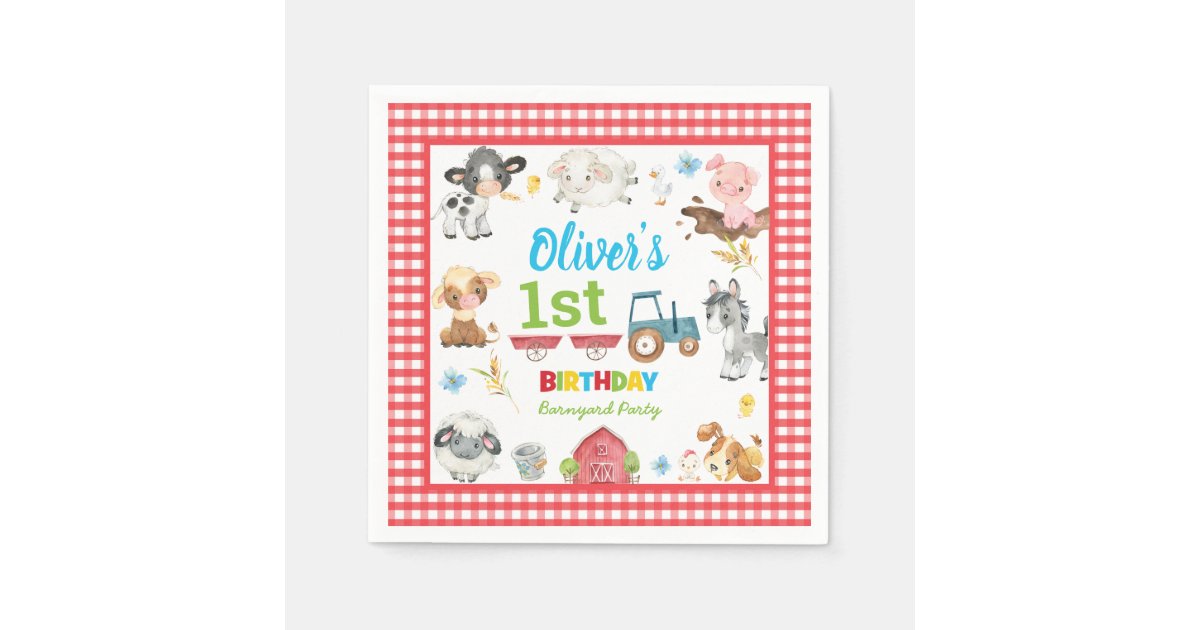 Cute Colorful Farm Animals Barnyard 1st Birthday Napkins | Zazzle