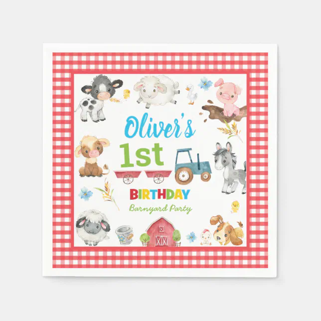 Cute Colorful Farm Animals Barnyard 1st Birthday Napkins | Zazzle