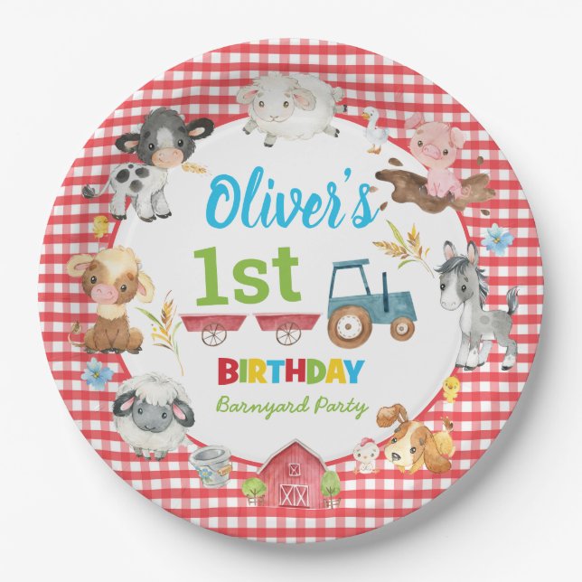 Cute Colorful Farm Animals Barnyard 1st Birthday   Paper Plates (Front)