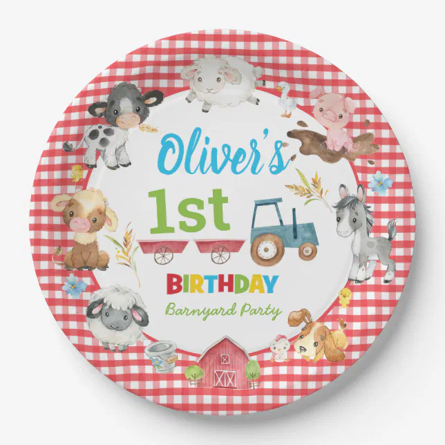 Cute Colorful Farm Animals Barnyard 1st Birthday Paper Plates | Zazzle