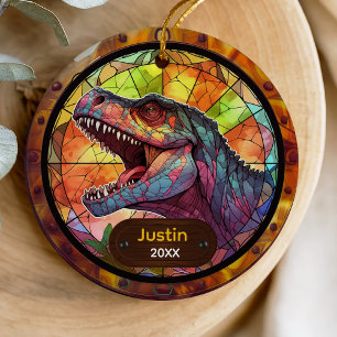 Cute Colorful Faux Stained Glass Dinosaur Ceramic Ornament