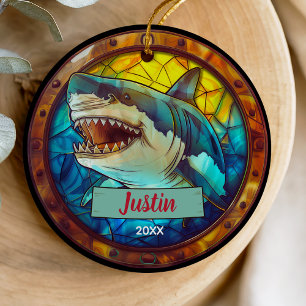 Cute Colorful Faux Stained Glass Shark Christmas Ceramic Ornament