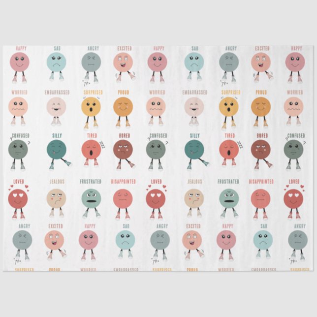 Cute Colorful Feelings Emotions Faces Chart  Tissue Paper (Front)
