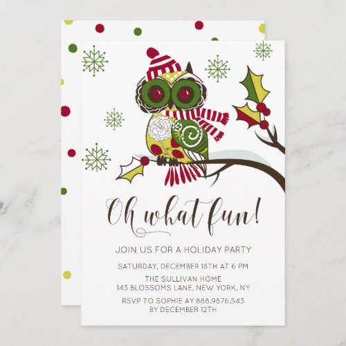 Cute Colorful Festive Green Owl Christmas Party Invitation