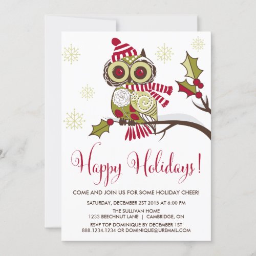 Cute Colorful Festive Green Owl Christmas Party Invitation