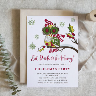 Cute Colorful Festive Green Owl Christmas Party Invitation