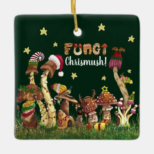 Cute Colorful Festive Mushroom Fungi Christmas Pun Ceramic Ornament