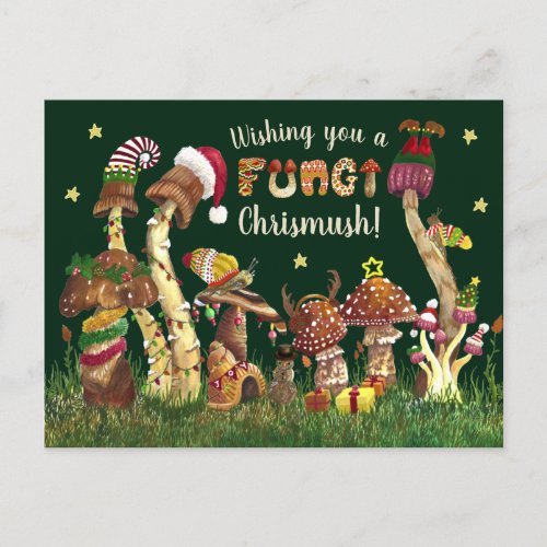 Cute Colorful Festive Mushroom Fungi Christmas Pun Postcard