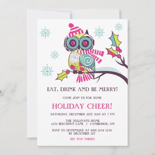 Cute Colorful Festive Neon Owl Christmas Party Invitation