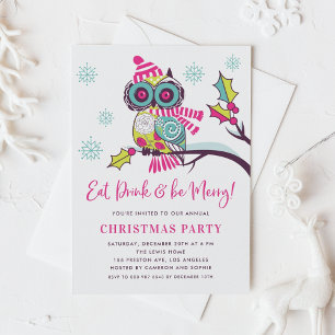Cute Colorful Festive Neon Owl Christmas Party Invitation