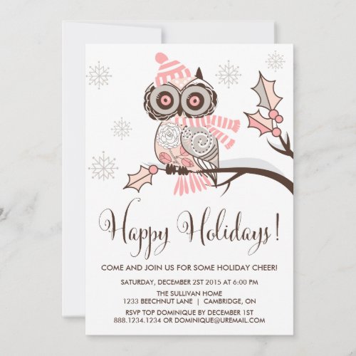 Cute Colorful Festive Pink Owl Christmas Party Invitation