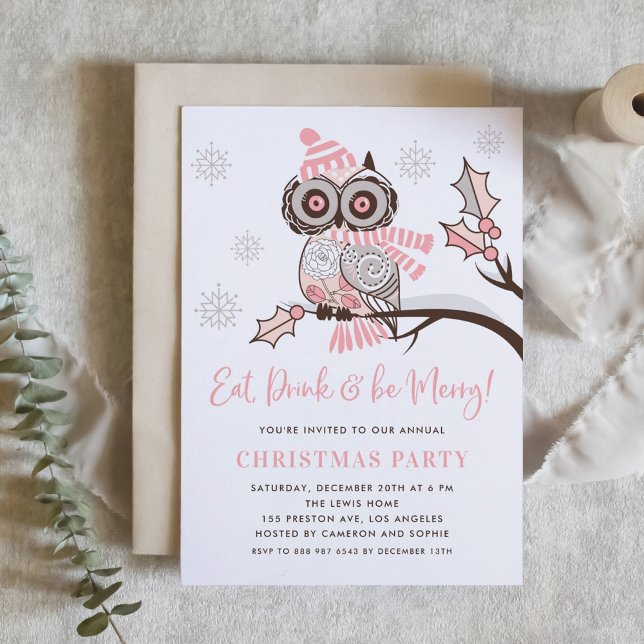 Cute Colorful Festive Pink Owl Christmas Party Invitation (Creator Uploaded)