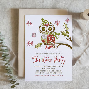 Cute Colorful Festive Red Owl Christmas Party Invitation