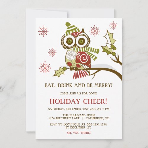 Cute Colorful Festive Red Owl Christmas Party Invitation
