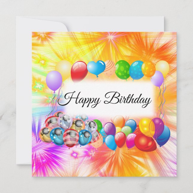 Cute, Colorful Fireworks, Balloons, Birthday Card (Front)