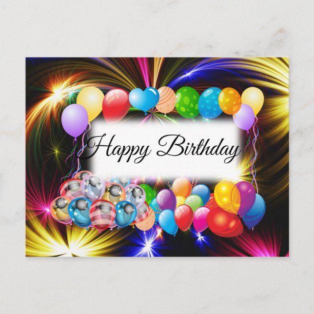 Cute, Colorful Fireworks, Balloons, Birthday Postcard (Front)
