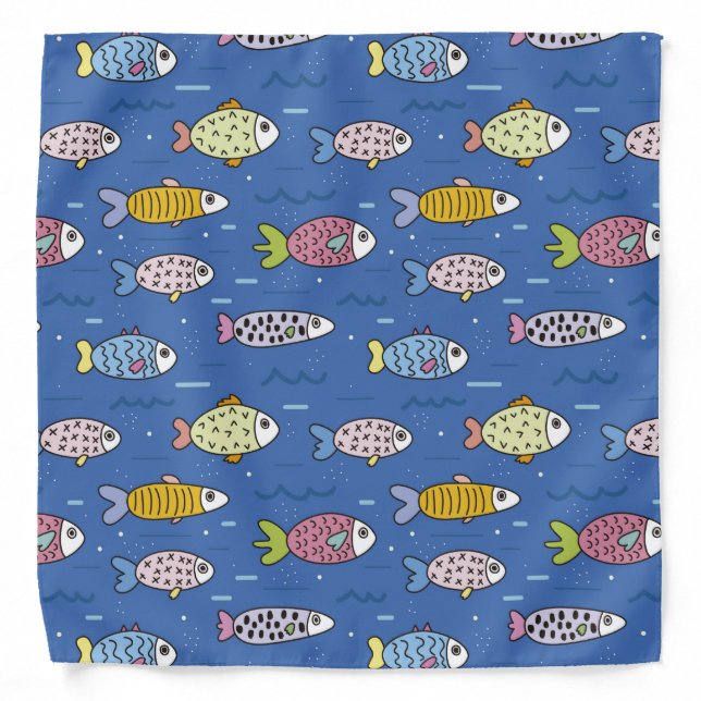 Cute Colorful Fish Pattern Blue Summer Bandana (Front)
