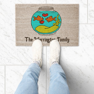 Cute Colorful Fishbowl, Fish in Love Family Name Fiber Doormat