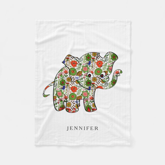 Cute Colorful Floral Baby Elephant Fleece Blanket (Front)
