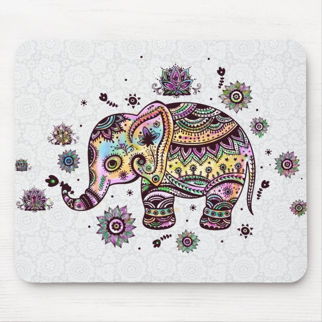 Cute Colorful Floral Baby Elephant Illustration Mouse Pad (Front)