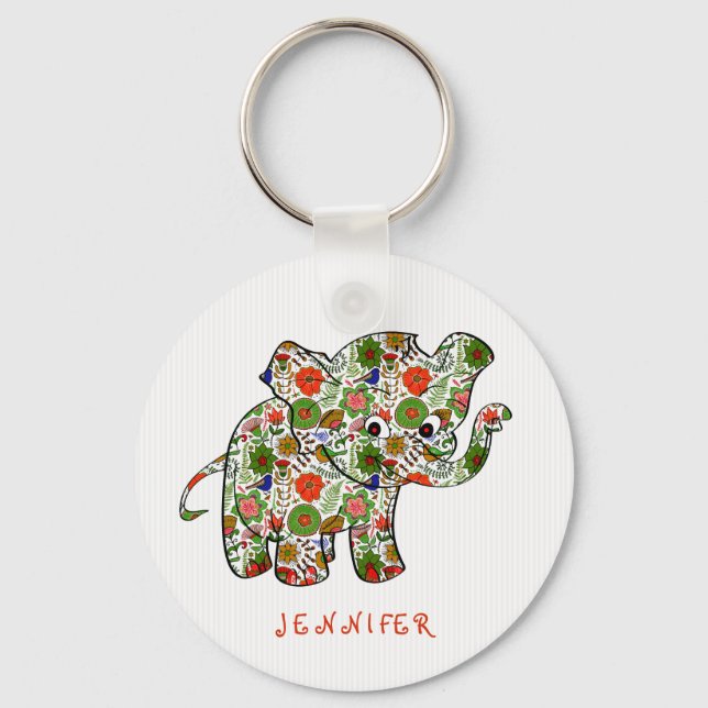 Cute Colorful Floral Baby Elephant Keychain (Front)