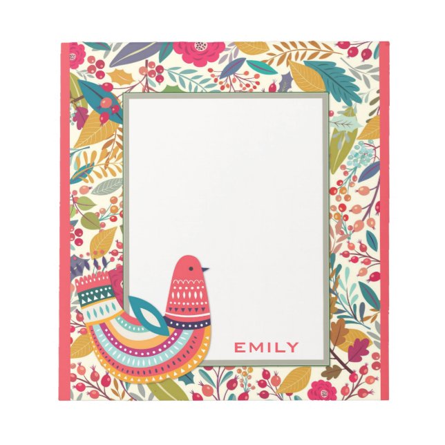 Cute Colorful Floral Bird Notepad (Front)