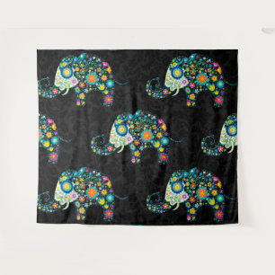 Cute Colorful Floral Elephant Black Damasks Tapestry