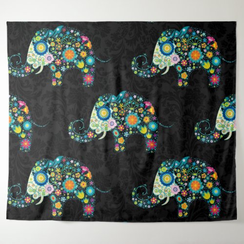 Cute Colorful Floral Elephant Black Damasks Tapestry