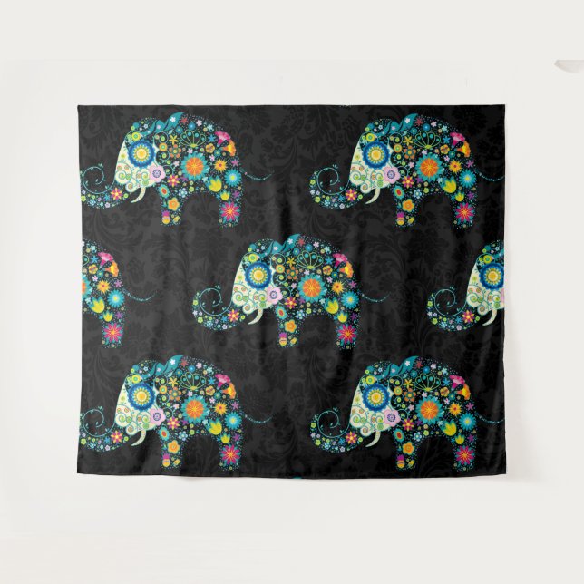 Cute Colorful Floral Elephant Black Damasks Tapestry (Front (Horizontal))