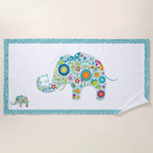 Cute Colorful Floral Elephant Illustration Beach Towel