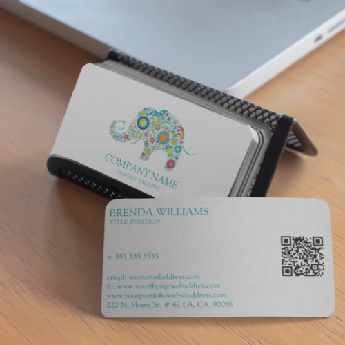 Cute Colorful Floral Elephant Turquoise Typography Business Card