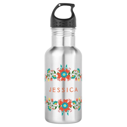 Cute Colorful Floral Frame With Monogram Water Bottle