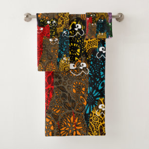 Cute & Colorful Floral Happy Cats Bath Towel Set