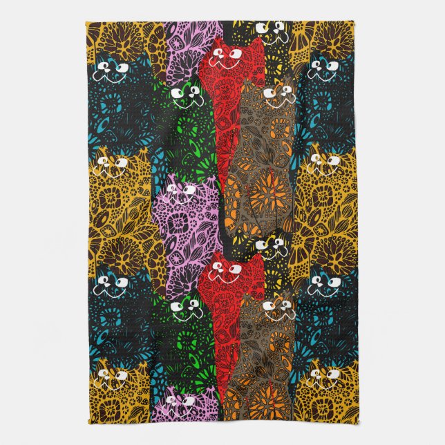 Cute & Colorful Floral Happy Cats  Kitchen Towel (Vertical)