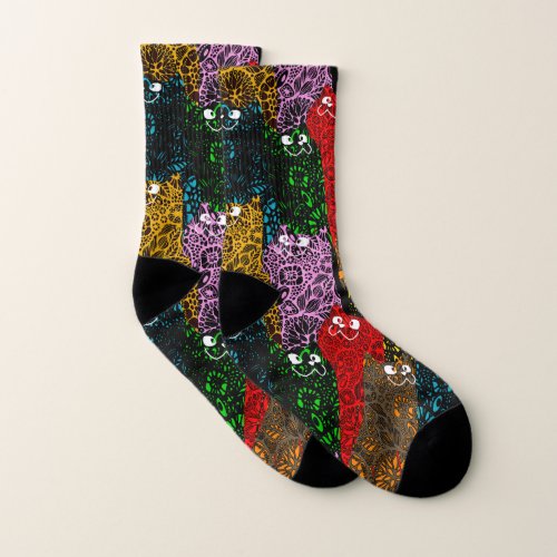 Cute  Colorful Floral Happy Cats  Socks