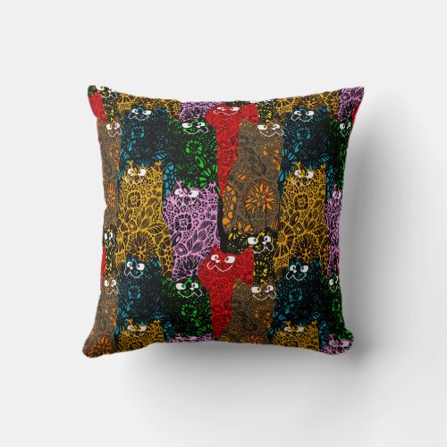 Cute  Colorful Floral Happy Cats Throw Pillow